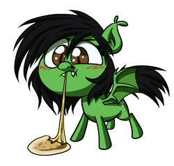 Size: 1200x1140 | Tagged: safe, artist:alittleofsomething, oc, oc:prickly pears, bat pony, pony, bat pony oc, cheese, chibi, food, pupusa, simple background, transparent background