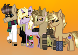 Size: 1000x700 | Tagged: safe, artist:lightningbolt39, dinky hooves, oc, oc:clockwork (ice1517), oc:time liz, oc:tinker (ice1517), cyborg, earth pony, pegasus, pony, unicorn, amputee, artificial wings, augmented, aunt and nephew, aunt and niece, clothes, ear piercing, earring, female, fingerless gloves, glasses, gloves, horn, horn ring, icey-verse, jeans, jewelry, lip piercing, male, mare, nose piercing, offspring, oven mitts, pants, parent:derpy hooves, parent:doctor whooves, parents:doctorderpy, piercing, prosthetic limb, prosthetic wing, prosthetics, raised hoof, scarf, stallion, sweater, tattoo, wings