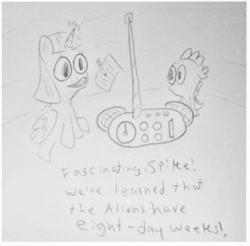 Size: 855x840 | Tagged: safe, artist:dex stewart, spike, twilight sparkle, alicorn, dragon, pony, fanfic:the mane six discover human music, eight days a week, fanfic, fimfiction, monochrome, radio, song reference, the beatles