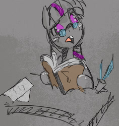 Size: 1102x1168 | Tagged: safe, artist:roadboat, twilight sparkle, unicorn twilight, pony, unicorn, book, desk, female, glasses, mare, quill, sketch, solo