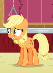 Size: 594x813 | Tagged: safe, screencap, applejack, earth pony, pony, where the apple lies, cropped, female, freckles, nervous grin, solo, teenage applejack, teenager