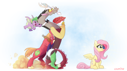 Size: 2100x1176 | Tagged: safe, artist:zlayd-oodles, big macintosh, discord, fluttershy, spike, butterfly, draconequus, dragon, earth pony, pegasus, pony, adorable distress, blushing, bouquet, bowtie, butterfly on nose, cute, discoshy, ear fluff, female, flower, insect on nose, male, mare, nervous, oblivious, one eye closed, open mouth, pushing, rose, shipper on deck, shipping, stallion, straight, vein bulge, winged spike, wink, yoke