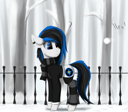 Size: 2400x2100 | Tagged: safe, artist:observerdoz, oc, oc only, oc:rivet svechkar, pony, clothes, jacket, scarf, snow, snowball, socks, winter