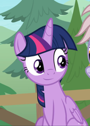 Size: 608x850 | Tagged: safe, screencap, twilight sparkle, twilight sparkle (alicorn), alicorn, pony, the point of no return, cropped, fence, offscreen character, sitting, smiling, solo focus, tree