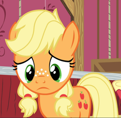 Size: 962x939 | Tagged: safe, screencap, applejack, earth pony, pony, where the apple lies, cropped, cute, female, freckles, sad, sadorable, solo, teenage applejack, teenager