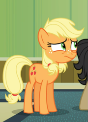 Size: 463x646 | Tagged: safe, screencap, applejack, earth pony, pony, where the apple lies, cropped, female, freckles, nervous, solo, teenage applejack, teenager