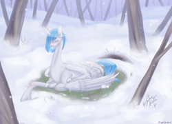 Size: 2000x1440 | Tagged: safe, artist:lastaimin, oc, oc:seiko, alicorn, pony, rabbit, alicorn oc, animal, eyes closed, female, mare, prone, snow, solo, tree