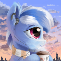 Size: 1000x1000 | Tagged: safe, artist:ravistdash, derpibooru exclusive, oc, oc only, oc:ravist, pony, avatar, city, clothes, cloud, coffee, dawn, headset, scarf, smiling