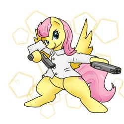 Size: 600x600 | Tagged: safe, artist:kushina13, fluttershy, pegasus, pony, abstract background, badass, clothes, crossover, equilibrium (film), female, flutterbadass, gun, gun kata, handgun, hoof hold, mare, pistol, solo, weapon