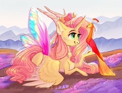Size: 1280x978 | Tagged: safe, artist:segraece, fluttershy, philomena, alicorn, phoenix, pony, alicornified, artificial wings, augmented, butterfly wings, color porn, colored wings, eyebrows, female, fire, floral head wreath, flower, fluttercorn, holding, horns, looking at something, magic, magic wings, mare, mother nature, outdoors, prone, race swap, raised hoof, ribbon, smiling, solo, spread wings, wings