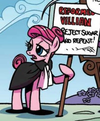 Size: 638x769 | Tagged: safe, artist:brendahickey, idw, pinkie pie, earth pony, pony, spoiler:comic, spoiler:comic63, alternate hairstyle, clothes, cropped, female, hair up, hoof hold, mare, misspelling, official comic, sign, solo