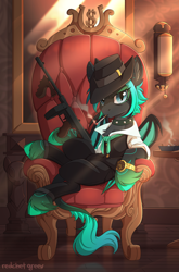 Size: 1700x2569 | Tagged: safe, artist:redchetgreen, oc, bat pony, pony, cigarette, clothes, cloven hooves, gun, leonine tail, solo, tommy gun, weapon