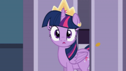 Size: 800x450 | Tagged: safe, artist:agrol, twilight sparkle, twilight sparkle (alicorn), alicorn, animated, crown, door, gif, how to be a princess, jewelry, lip bite, looking at you, regalia, smiling, solo