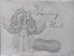 Size: 3264x2448 | Tagged: safe, artist:mathematiciennejusticiere, oc, oc only, oc:harmony heart, alicorn, pony, heart, horn, solo, wings, writing