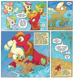 Size: 736x777 | Tagged: safe, artist:caseycoller, idw, apple bumpkin, applejack, big macintosh, gala appleby, lavender fritter, red gala, earth pony, pony, spoiler:comic, spoiler:comic85, apple family member, colt, comic, female, filly, foal, male, official comic, siblings, sisters, speech bubble, younger