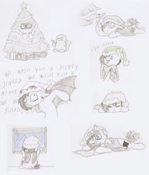 Size: 1280x1505 | Tagged: safe, artist:ravenpuff, oc, oc:puffy, bat pony, pony, chibi, christmas, christmas ornament, christmas tree, costume, decoration, derp, eeee, female, hat, holiday, mare, santa hat, sketch, sketch dump, solo, traditional art, tree, tree costume