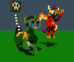 Size: 960x800 | Tagged: safe, artist:derek the metagamer, mistress marevelous, smolder, oc, oc:emerald rook, changedling, changeling, dragon, book, dragoning, magicavoxel, power ponies, superhero, tome of power, voxel art, zapper