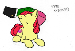 Size: 649x441 | Tagged: safe, artist:anonymous, apple bloom, oc, oc:anon, earth pony, human, pony, /mlp/, 4chan, bow, cute, drawthread, female, filly, petting, red mane, text, yellow fur