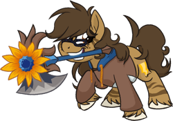 Size: 1176x825 | Tagged: safe, artist:binkyt11, derpibooru exclusive, oc, oc only, oc:binky, earth pony, hybrid, pony, zebra, zebroid, zony, axe, brawlhalla, clothes, derpibooru community collaboration, female, flower, freckles, hoodie, mare, mouth hold, rayman, simple background, solo, sunflower, transparent background, unshorn fetlocks, weapon