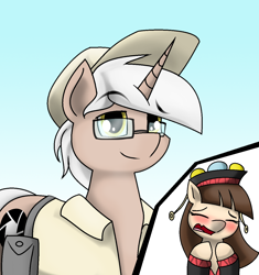 Size: 1176x1252 | Tagged: safe, artist:pencil bolt, oc, oc:karena, oc:lens, earth pony, pony, unicorn, blushing, glasses, hat, miao