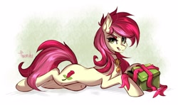 Size: 2560x1552 | Tagged: artist needed, safe, roseluck, earth pony, pony, angry, christmas gift, collar, fangs, female, looking at you, lying, mare, pet collar, pet tag, pony pet, prone, rosepet