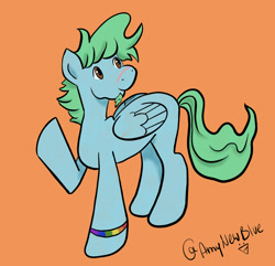 Size: 1536x1479 | Tagged: safe, artist:amynewblue, oc, oc only, oc:azure glide, pegasus, pony, bracelet, commission, facial hair, gay, gay pride, gay pride flag, goatee, jewelry, lgbt, male, orange background, pride, pride flag, pride flag bracelet, scar, simple background, smiling, solo, stallion