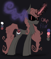 Size: 1200x1385 | Tagged: safe, artist:didun850, oc, oc only, oc:overflow, pony, unicorn, black sclera, chest fluff, dark background, dark magic, emoji, female, glowing horn, horn, magic, mare, possessed, reference sheet, slit eyes, solo, sombra eyes, unicorn oc