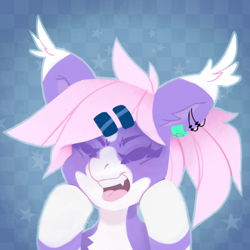 Size: 2000x2000 | Tagged: safe, artist:sugarstar, oc, oc only, bat pony, pony, bat pony oc, ear piercing, eyes closed, fangs, female, happy, icon, open mouth, piercing, simple background, smiling, solo