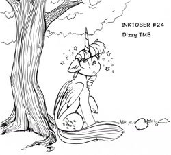Size: 1672x1514 | Tagged: safe, artist:tillie-tmb, twilight sparkle, twilight sparkle (alicorn), alicorn, pony, apple, circling stars, derp, dizzy, female, food, inktober, inktober 2019, knocked silly, mare, monochrome, solo, tree