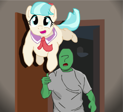 Size: 817x750 | Tagged: safe, artist:cocopommel, coco pommel, oc, oc:anon, pony, behaving like a dog, clothes, jumping, meme, necktie, open mouth, ponified animal photo, smiling, spotlight, throwing