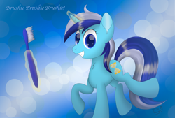 Size: 4873x3300 | Tagged: safe, artist:thevintagepone, minuette, pony, unicorn, brushie brushie, looking at you, magic, solo, this will end in brushie, toothbrush