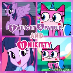 Size: 1024x1024 | Tagged: safe, artist:noreencreatesstuff, twilight sparkle, twilight sparkle (alicorn), alicorn, pony, equestria girls, art trade, carla castañeda, collage, lego, tara strong, the lego movie, unikitty, unikitty! (tv series), voice actor joke