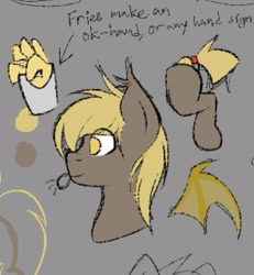 Size: 885x957 | Tagged: safe, artist:codras, oc, oc:celldad?, bat pony, pony, :p, food, french fries, male, reference sheet, solo, stallion, tongue out