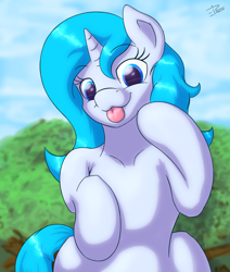 Size: 2200x2600 | Tagged: safe, artist:eisky, artist:frenchfreis, oc, oc:crescendo, pony, unicorn, :p, cloud, day, horn, looking at you, sitting, sky, solo, tongue out, tree