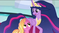 Size: 1920x1080 | Tagged: safe, screencap, luster dawn, princess twilight 2.0, twilight sparkle, twilight sparkle (alicorn), alicorn, pony, unicorn, the last problem, carpet, confused, crown, curious, duo, ethereal mane, female, folded wings, happy, jewelry, looking at each other, mare, peytral, regalia, smiling, teacher and student, throne room, wings