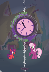 Size: 8100x12000 | Tagged: safe, artist:cosmiceclipsed, derpibooru exclusive, cheerilee, oc, oc:candy apple, earth pony, pony, unicorn, fanfic:quantum leap forward, arrow, clock, fanfic, fanfic art, looking at each other, ponyville, poster, raised hoof