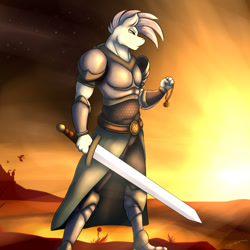 Size: 1500x1500 | Tagged: safe, artist:shadowchisel, oc, oc:rambler, anthro, armor, male, solo, stallion, sunset, sword, weapon