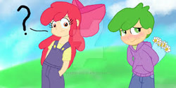 Size: 316x159 | Tagged: safe, artist:jennyfer1500, apple bloom, spike, human, blushing, female, flower, humanized, male, shipping, spikebloom, straight