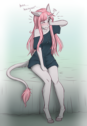 Size: 2289x3300 | Tagged: safe, artist:askbubblelee, oc, oc only, oc:rosie quartz, anthro, unguligrade anthro, unicorn, anthro oc, clothes, eyes closed, female, hangover, leonine tail, mare, off shoulder, shirt, solo, t-shirt, waking up