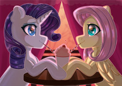 Size: 1841x1311 | Tagged: safe, artist:auroracursed, fluttershy, rarity, pegasus, pony, unicorn, cafe, cute, female, flarity, hearts and hooves day, lesbian, mare, sharing a drink, shipping, smiley face, sunset