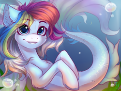 Size: 1600x1200 | Tagged: safe, artist:falafeljake, oc, oc only, oc:rainbow dreams, seapony (g4), female, looking at you, not rainbow dash, smiling, solo, underwater, ych result