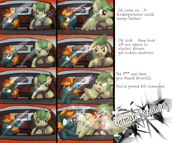 Size: 977x818 | Tagged: safe, artist:amura-of-jupiter, oc, oc only, oc:hoxie redhoof, oc:morning raindew mist, pegasus, pony, series:austria tales, 4th wall break, angry, behind the wheel, breaking the fourth wall, broken glass, broken window, car, censored dialogue, comic, dialogue, driving, fire eyes, fury, glass, pegasus oc, road rage, scared, shocked, startled, steering wheel, text, windshield