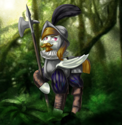 Size: 2000x2050 | Tagged: safe, artist:dukevonkessel, oc, bat pony, pony, armor, facial hair, helmet, jungle, male, moustache, ruff (clothing), solo, stallion, weapon