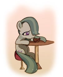 Size: 400x493 | Tagged: safe, artist:andromedasparkz, marble pie, earth pony, pony, chocolate, female, food, hearts and hooves day, lonely, mare, sad, simple background, solo, table