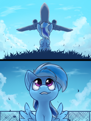 Size: 1200x1600 | Tagged: safe, artist:ravistdash, derpibooru exclusive, oc, oc:ravist, pegasus, pony, comic:about me, cloud, female, filly, looking up, plane, sky, smiling, solo