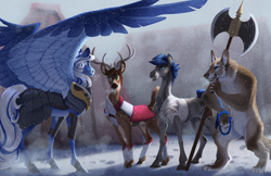 Size: 5100x3300 | Tagged: safe, artist:turnipberry, oc, anthro, deer, diamond dog, digitigrade anthro, earth pony, pegasus, fanfic:where the heart lies, armor, axe, bandage, battle axe, beads, clothes, prayer beads, quartet, realistic horse legs, spread wings, weapon, wings, winter