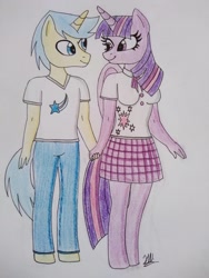 Size: 780x1040 | Tagged: safe, artist:hiroultimate, comet tail, twilight sparkle, twilight sparkle (alicorn), alicorn, anthro, cometlight, female, holding hands, male, shipping, straight, traditional art