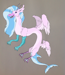 Size: 1844x2112 | Tagged: safe, artist:nightshade2004, silverstream, draconequus, draconequified, female, fish tail, four wings, gray background, multiple wings, simple background, solo, species swap, wings