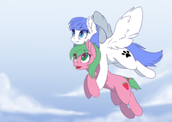 Size: 3508x2480 | Tagged: safe, artist:arctic-fox, oc, oc only, oc:pine berry, oc:snow pup, earth pony, pegasus, pony, carrying, cute, female, flying, happy, holding, holding a pony, mare, open mouth, sky, smiling, spread wings, wings