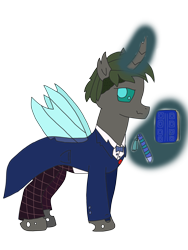 Size: 2448x3264 | Tagged: safe, artist:supahdonarudo, part of a set, oc, oc only, oc:chance mccoy, changeling, adorkable, book, bowtie, changeling oc, clothes, costume, doctor who, dork, flute, frock coat, halloween, halloween costume, levitation, magic, musical instrument, second doctor, shirt, simple background, tartan, tartan trousers, telekinesis, transparent background, trousers